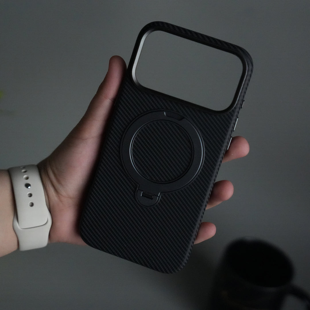 iPhone 17 Pro Carbon Fiber Texture Case with Metal Camera Frame & Rotating Ring Stand