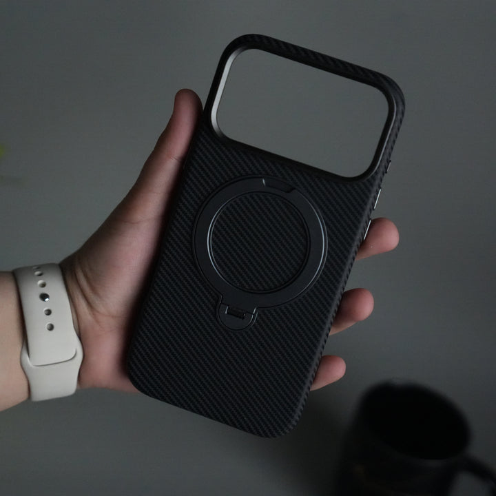 iPhone 17 Pro Carbon Fiber Texture Case with Metal Camera Frame & Rotating Ring Stand