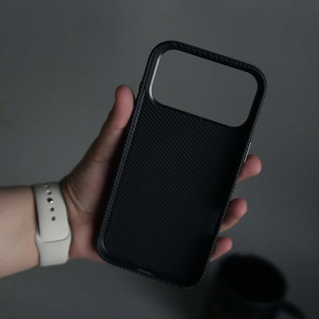 iPhone 17 Pro Carbon Fiber Texture Case with Metal Camera Frame & Rotating Ring Stand