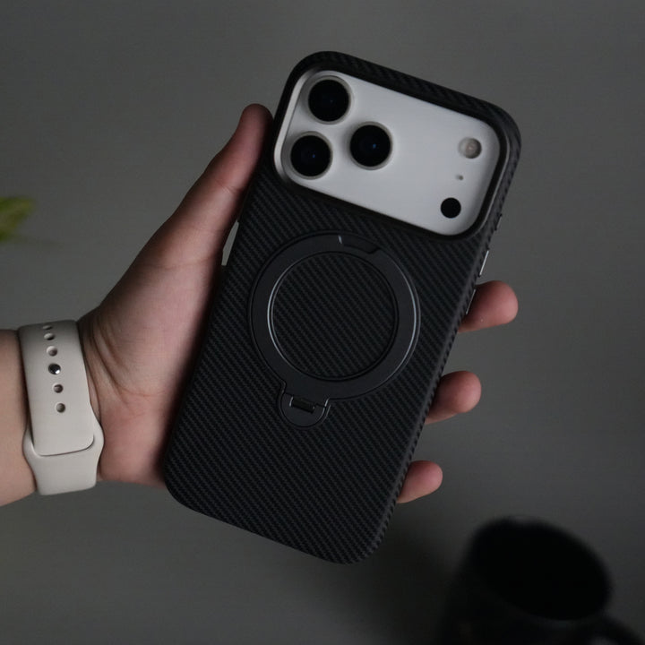 iPhone 17 Pro Carbon Fiber Texture Case with Metal Camera Frame & Rotating Ring Stand