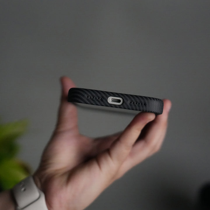 iPhone 17 Pro Carbon Fiber Texture Case with Metal Camera Frame & Rotating Ring Stand