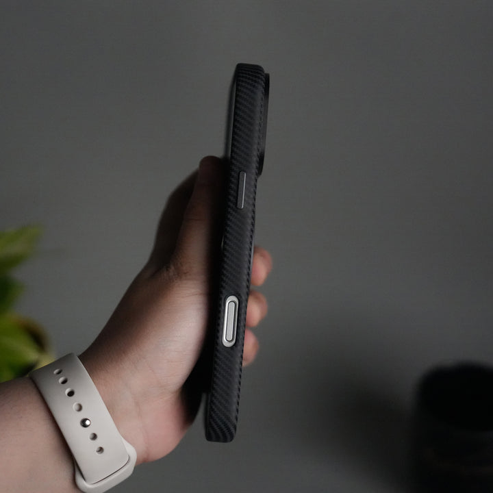 iPhone 17 Pro Carbon Fiber Texture Case with Metal Camera Frame & Rotating Ring Stand