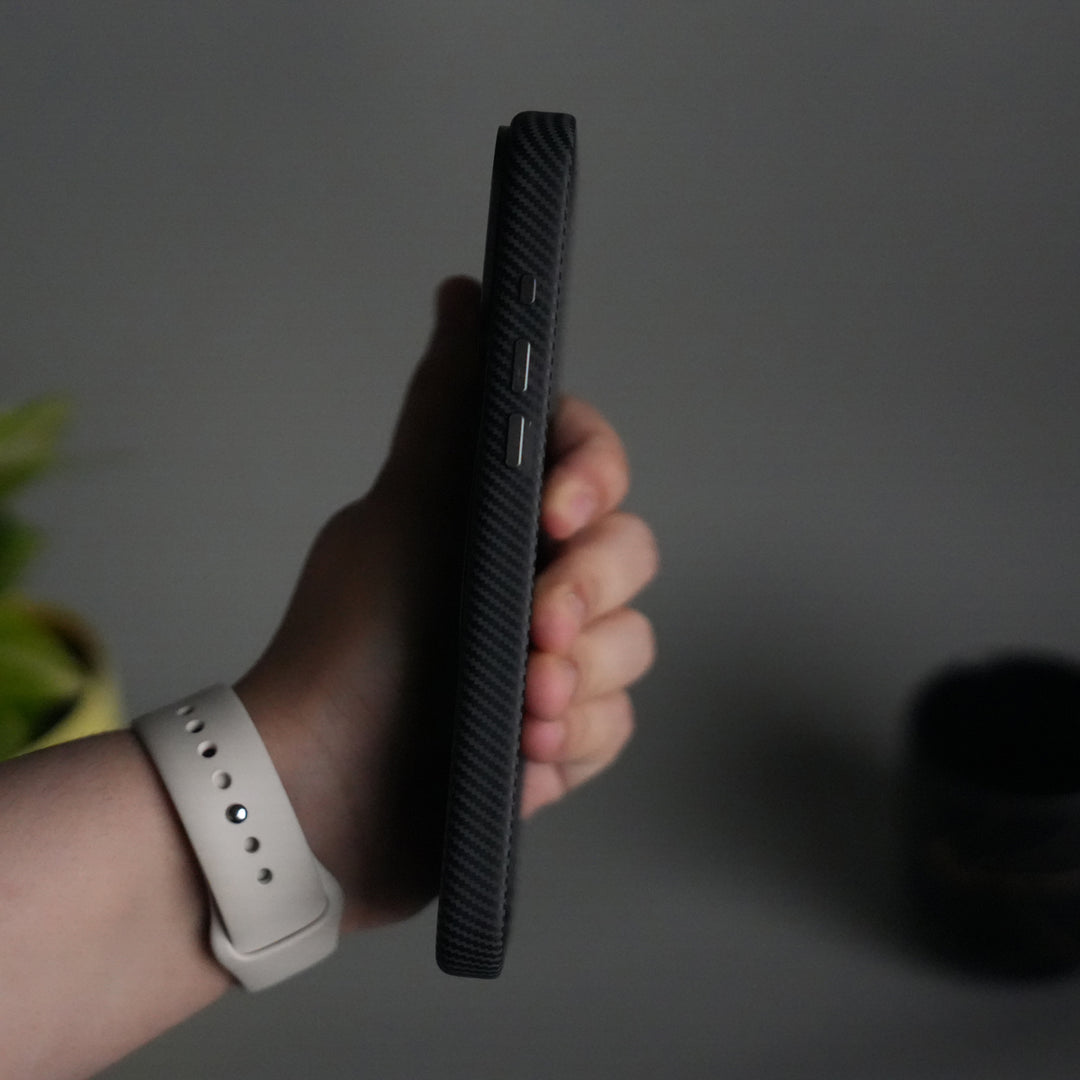 iPhone 17 Pro Carbon Fiber Texture Case with Metal Camera Frame & Rotating Ring Stand