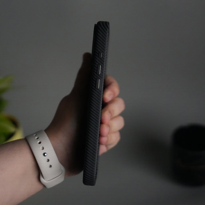 iPhone 17 Pro Carbon Fiber Texture Case with Metal Camera Frame & Rotating Ring Stand