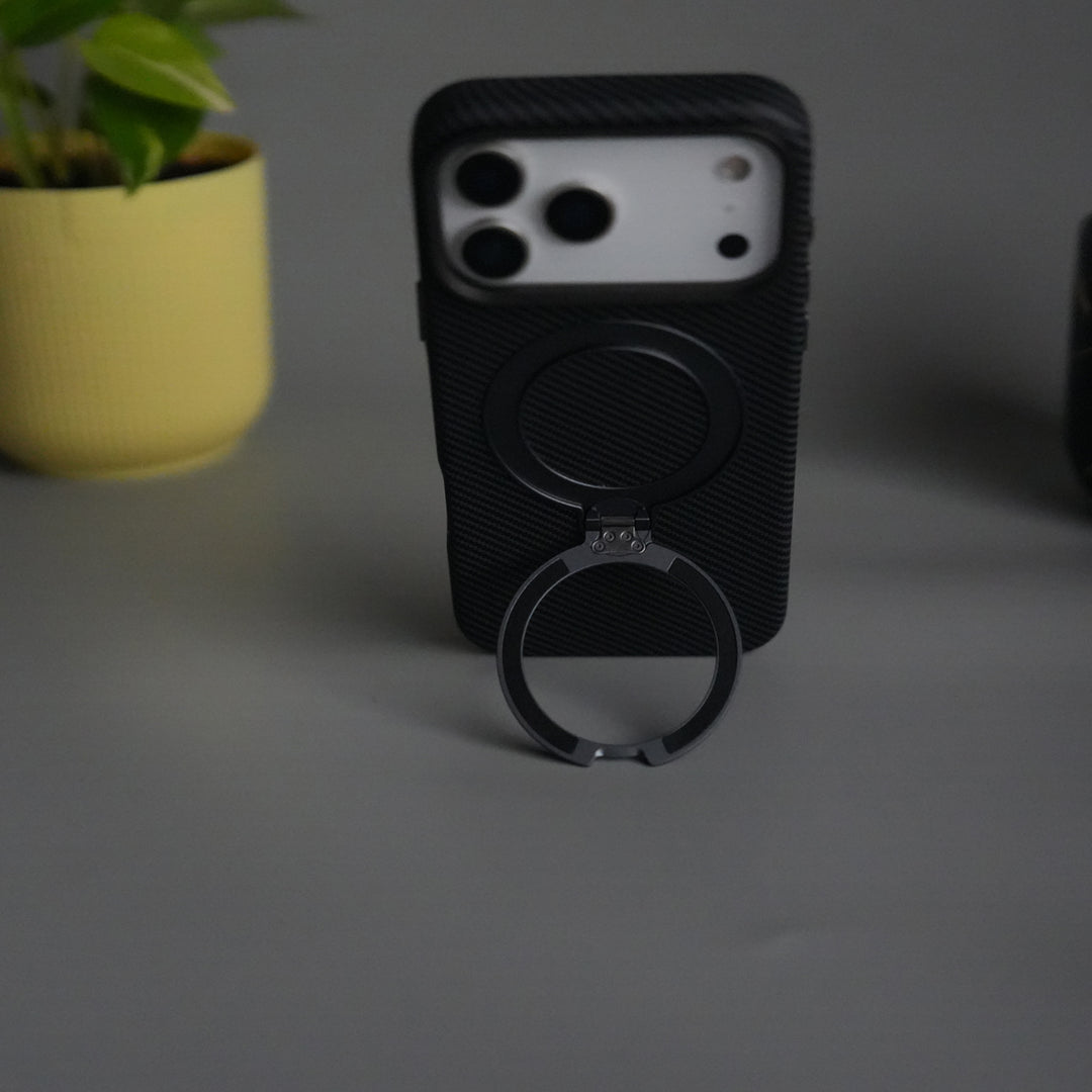 iPhone 17 Pro Carbon Fiber Texture Case with Metal Camera Frame & Rotating Ring Stand