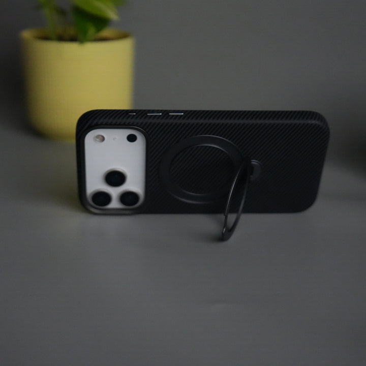 iPhone 17 Pro Carbon Fiber Texture Case with Metal Camera Frame & Rotating Ring Stand
