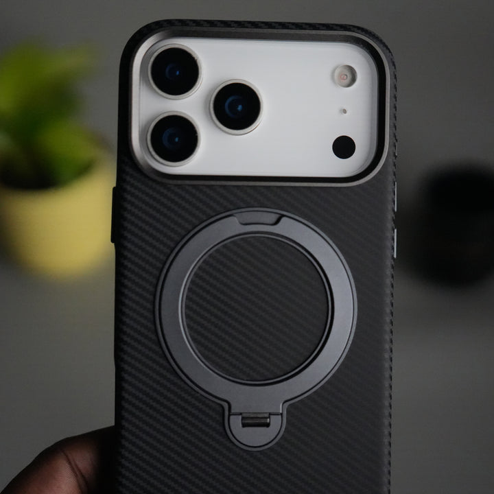 iPhone 17 Pro Carbon Fiber Texture Case with Metal Camera Frame & Rotating Ring Stand