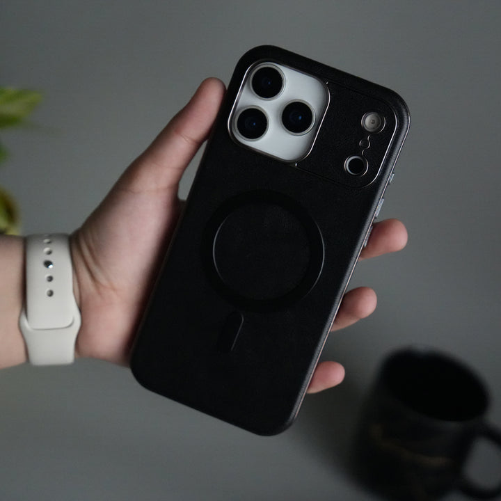 iPhone 17 Pro Metallic Textured Leather MagSafe Ring Case Cover