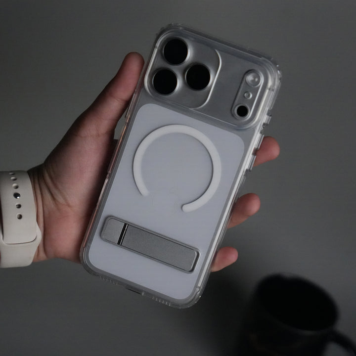 iPhone 17 Series Transparent Bottom Metal Stand MagSafe Supported Case Cover