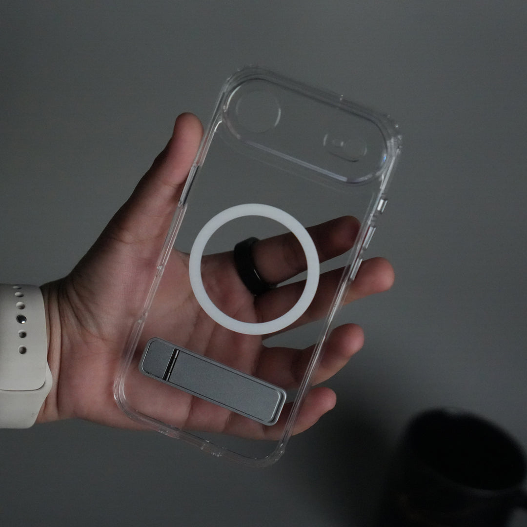 iPhone 17 Series Transparent Bottom Metal Stand MagSafe Supported Case Cover