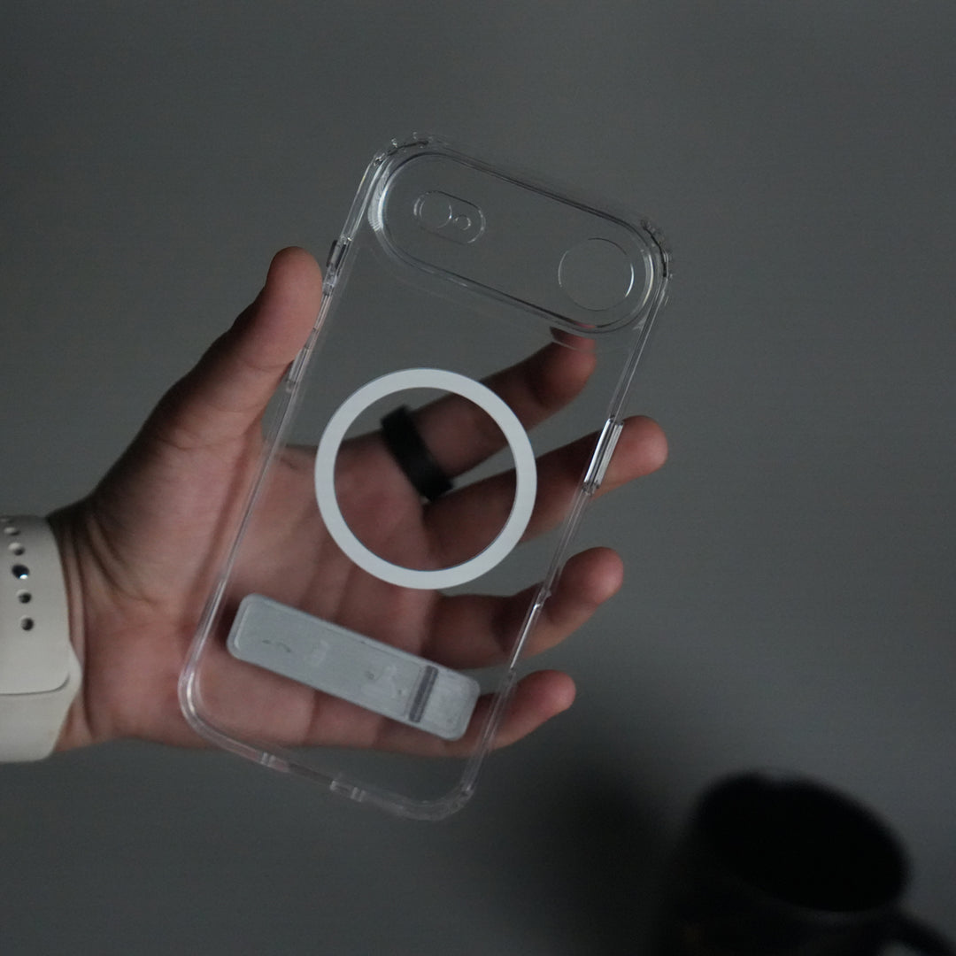 iPhone 17 Series Transparent Bottom Metal Stand MagSafe Supported Case Cover