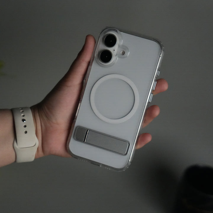 iPhone 17 Series Transparent Bottom Metal Stand MagSafe Supported Case Cover