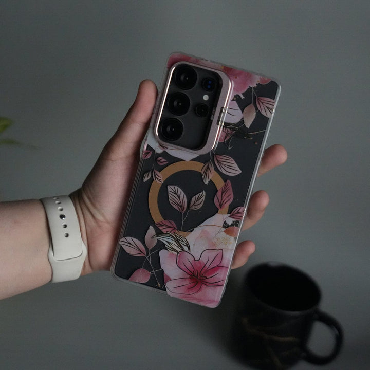FRATO Samsung S25U Galaxy S25 Ultra FloraCrystal Clear Floral Design Case with Color Metal Camera Stand Frame