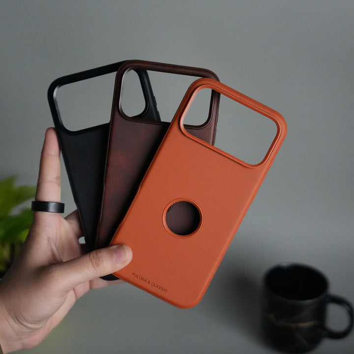 iPhone 17 Pro PU Leather Logo Cut Plain Case Premium Finish Cover