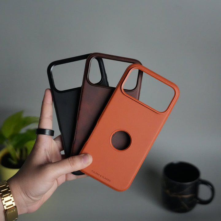 iPhone 17 Pro PU Leather Logo Cut Plain Case Premium Finish Cover