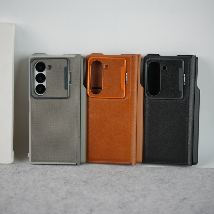 Samsung Galaxy Z Fold 6 Premium Leather Textured Flip Case with Metal Kick Stand Cover