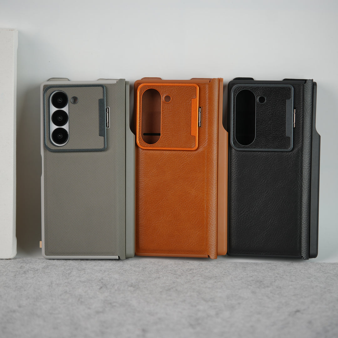 Samsung Galaxy Z Fold 6 Premium Leather Textured Flip Case with Metal Kick Stand Cover