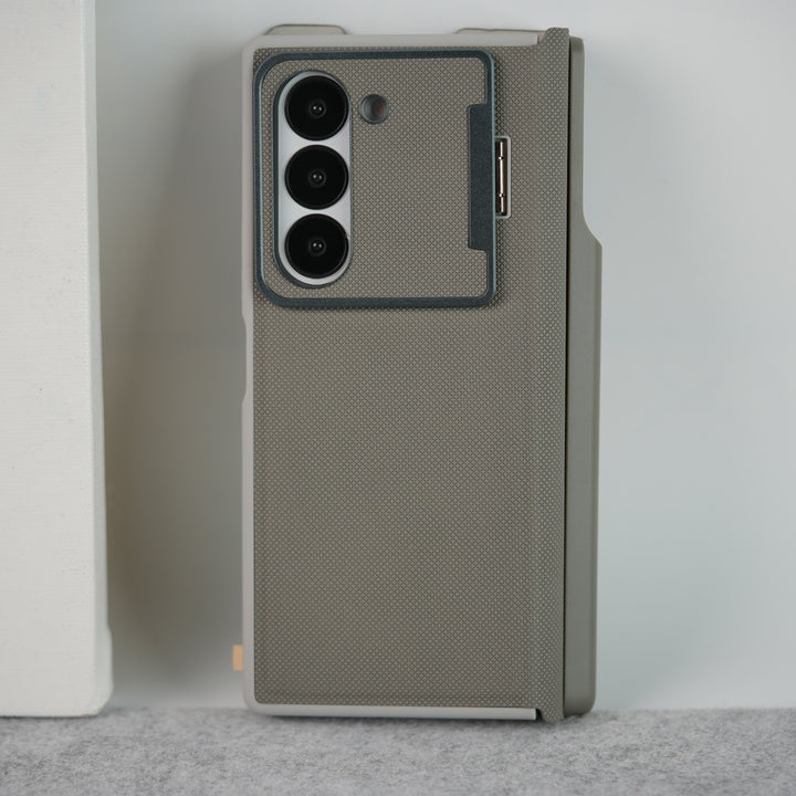 Samsung Galaxy Z Fold 6 Premium Leather Textured Flip Case with Metal Kick Stand Cover