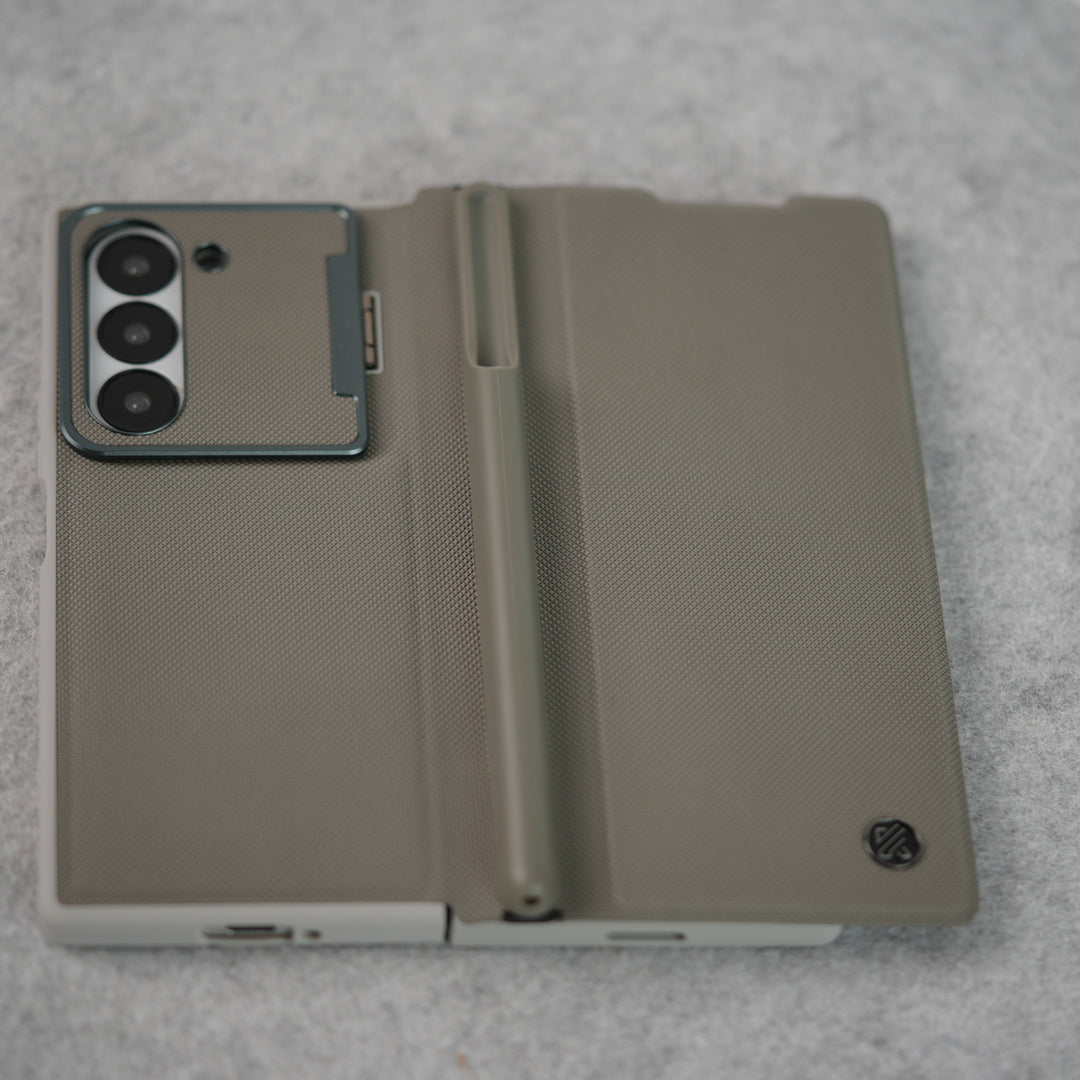 Samsung Galaxy Z Fold 6 Premium Leather Textured Flip Case with Metal Kick Stand Cover
