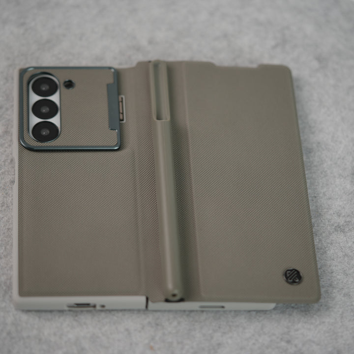 Samsung Galaxy Z Fold 6 Premium Leather Textured Flip Case with Metal Kick Stand Cover