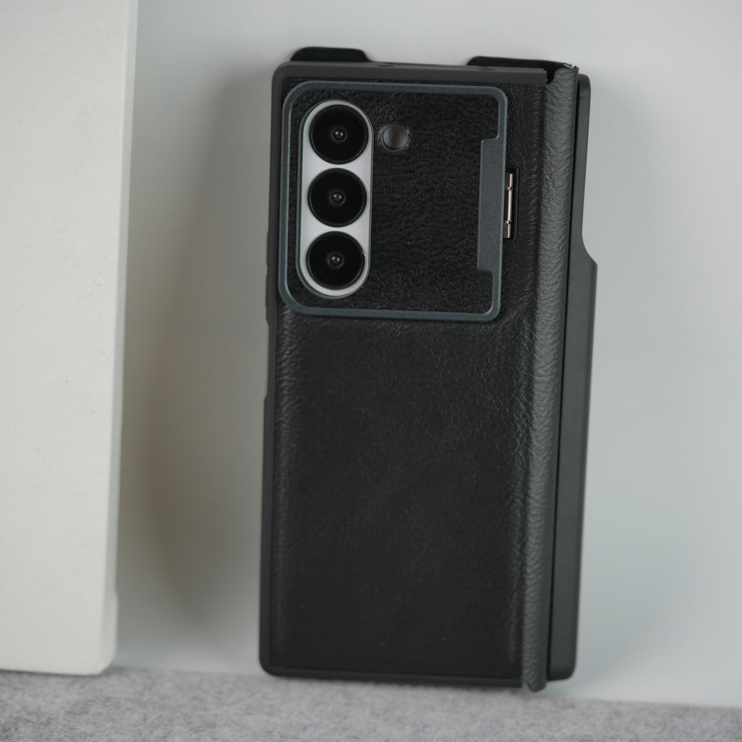 Samsung Galaxy Z Fold 6 Premium Leather Textured Flip Case with Metal Kick Stand Cover