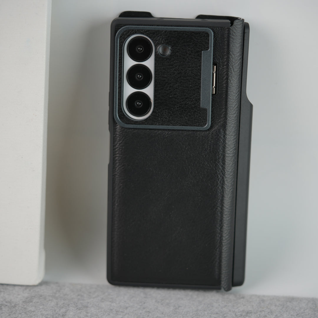 Samsung Galaxy Z Fold 6 Premium Leather Textured Flip Case with Metal Kick Stand Cover