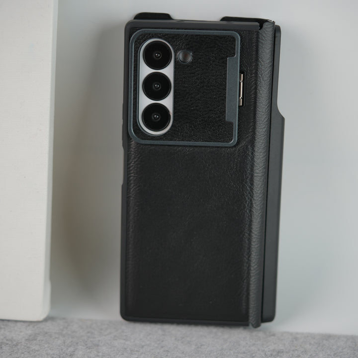 Samsung Galaxy Z Fold 6 Premium Leather Textured Flip Case with Metal Kick Stand Cover