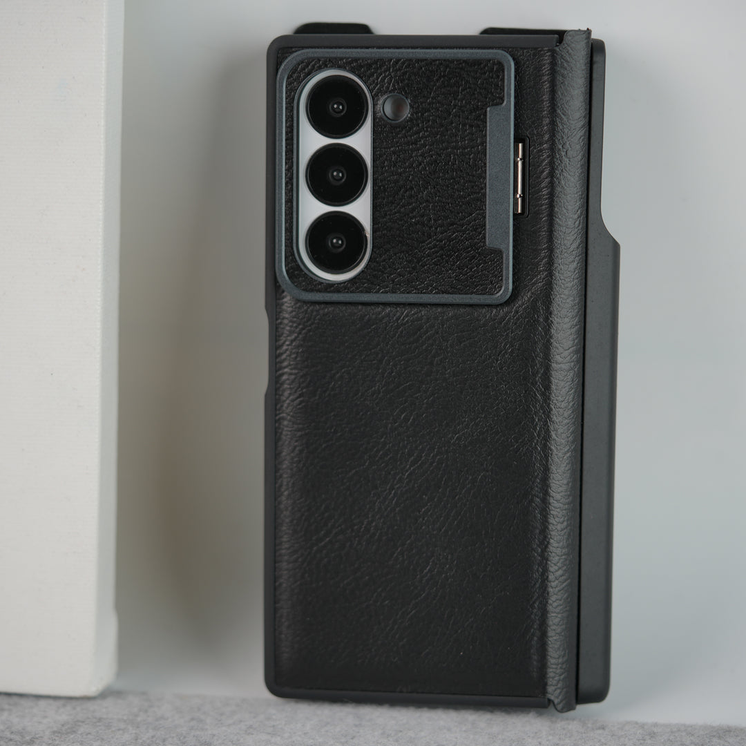 Samsung Galaxy Z Fold 6 Premium Leather Textured Flip Case with Metal Kick Stand Cover