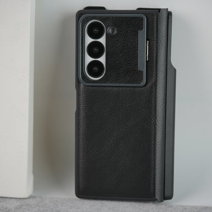 Samsung Galaxy Z Fold 6 Premium Leather Textured Flip Case with Metal Kick Stand Cover