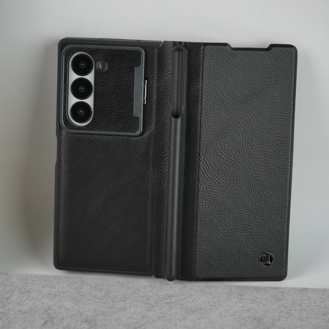 Samsung Galaxy Z Fold 6 Premium Leather Textured Flip Case with Metal Kick Stand Cover