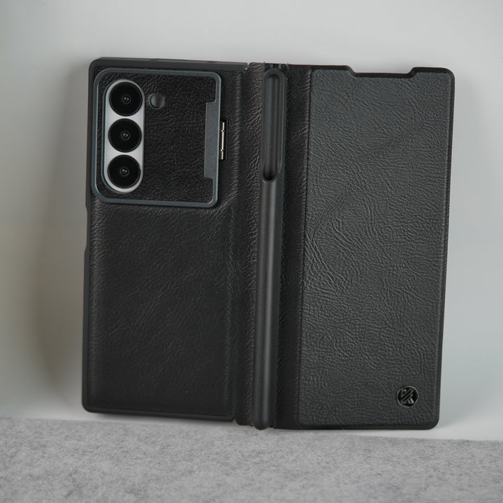 Samsung Galaxy Z Fold 6 Premium Leather Textured Flip Case with Metal Kick Stand Cover