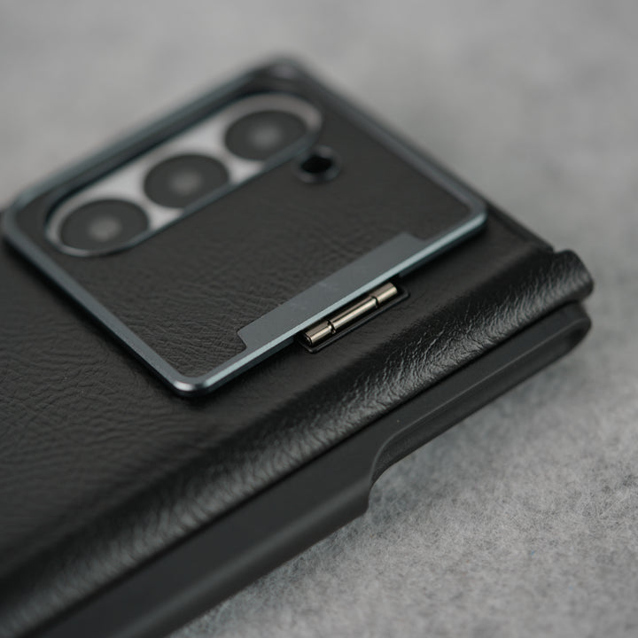 Samsung Galaxy Z Fold 6 Premium Leather Textured Flip Case with Metal Kick Stand Cover