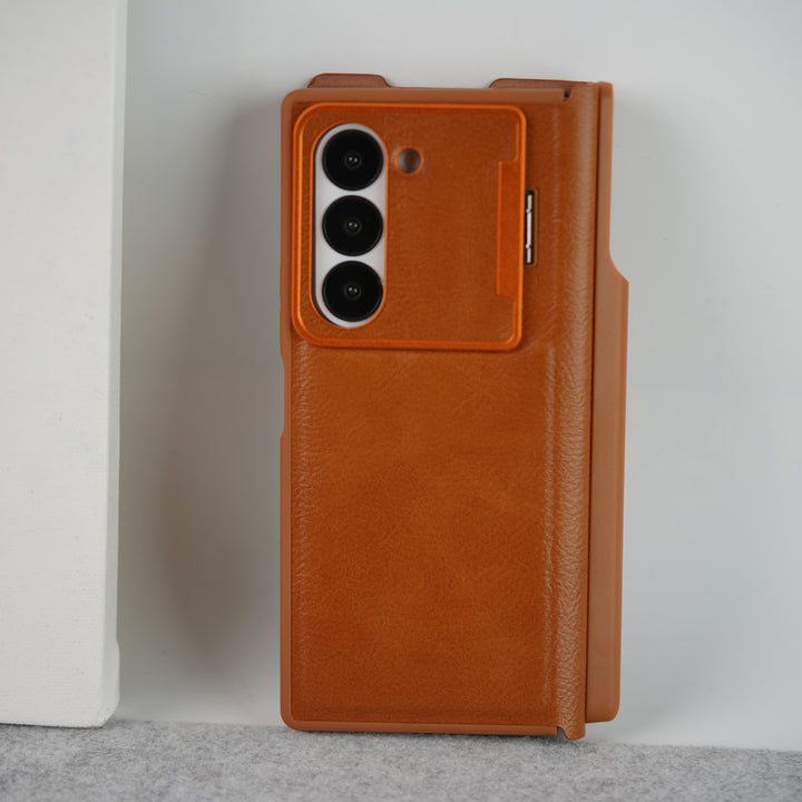 Samsung Galaxy Z Fold 6 Premium Leather Textured Flip Case with Metal Kick Stand Cover