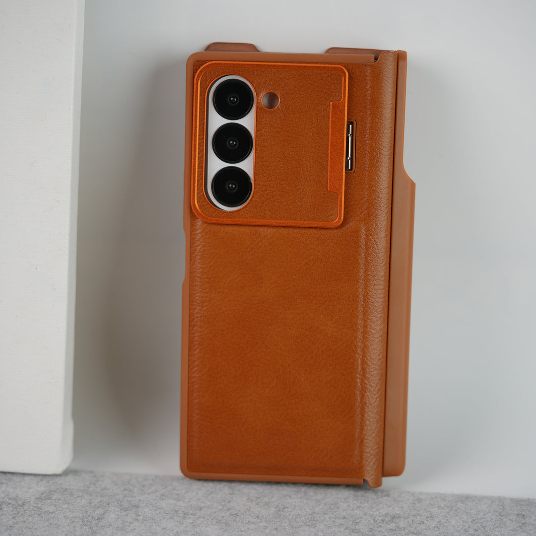 Samsung Galaxy Z Fold 6 Premium Leather Textured Flip Case with Metal Kick Stand Cover