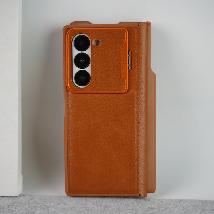 Samsung Galaxy Z Fold 6 Premium Leather Textured Flip Case with Metal Kick Stand Cover