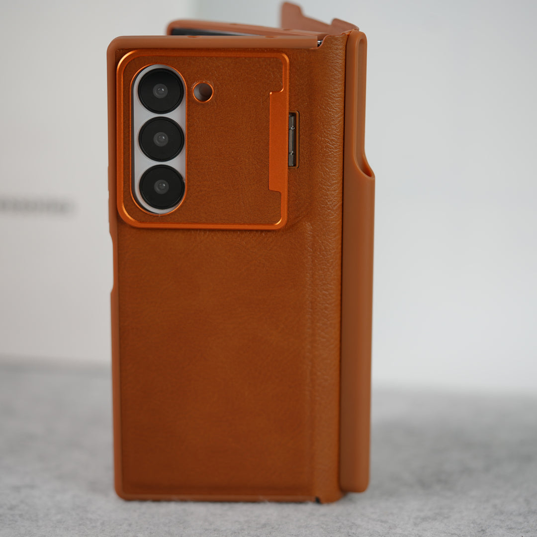 Samsung Galaxy Z Fold 6 Premium Leather Textured Flip Case with Metal Kick Stand Cover