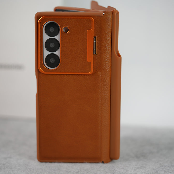Samsung Galaxy Z Fold 6 Premium Leather Textured Flip Case with Metal Kick Stand Cover