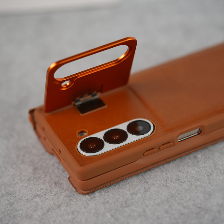 Samsung Galaxy Z Fold 6 Premium Leather Textured Flip Case with Metal Kick Stand Cover