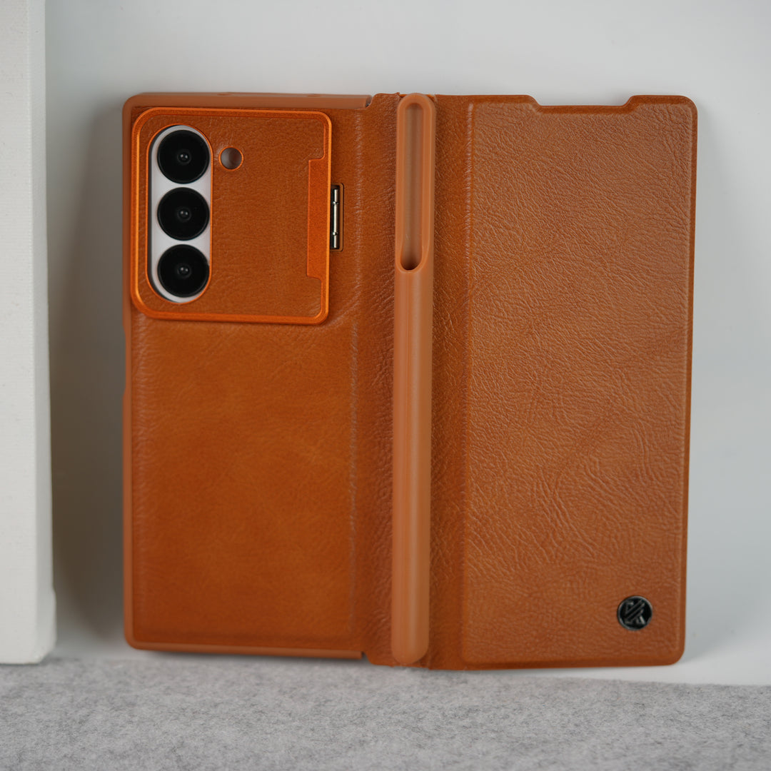 Samsung Galaxy Z Fold 6 Premium Leather Textured Flip Case with Metal Kick Stand Cover