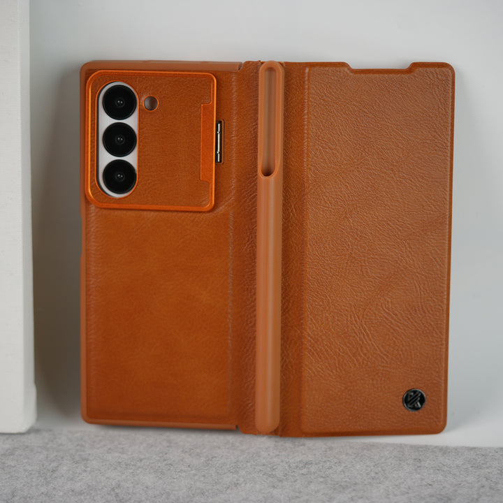 Samsung Galaxy Z Fold 6 Premium Leather Textured Flip Case with Metal Kick Stand Cover