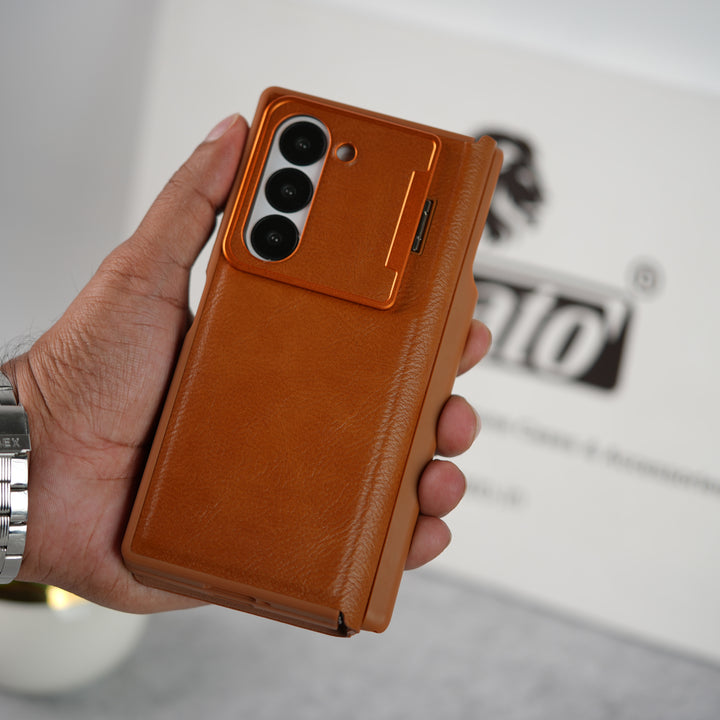 Samsung Galaxy Z Fold 6 Premium Leather Textured Flip Case with Metal Kick Stand Cover