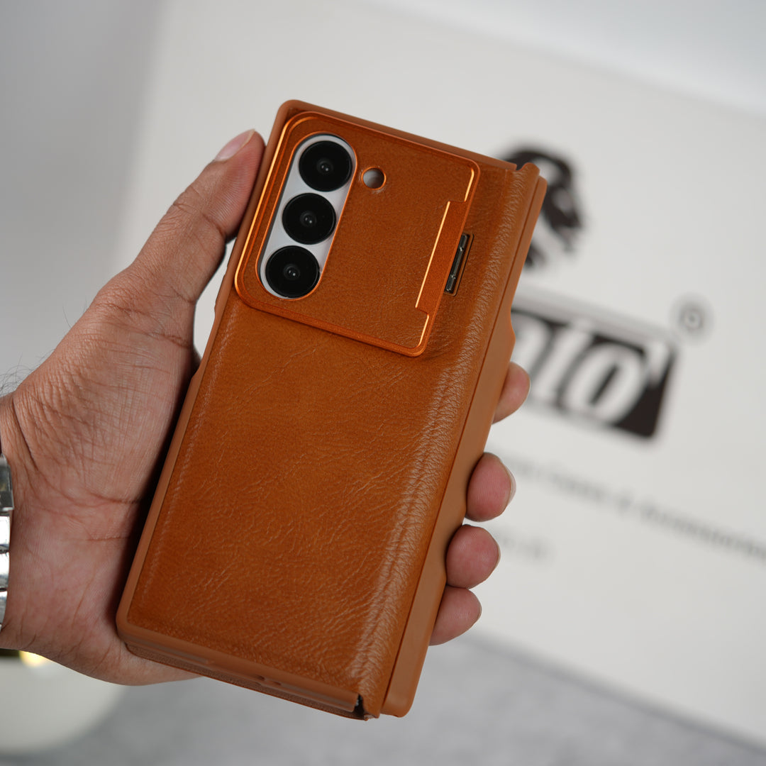 Samsung Galaxy Z Fold 6 Premium Leather Textured Flip Case with Metal Kick Stand Cover