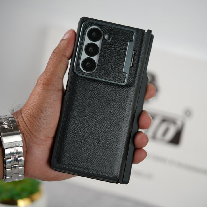 Samsung Galaxy Z Fold 6 Premium Leather Textured Flip Case with Metal Kick Stand Cover