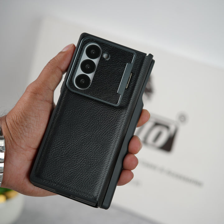 Samsung Galaxy Z Fold 6 Premium Leather Textured Flip Case with Metal Kick Stand Cover