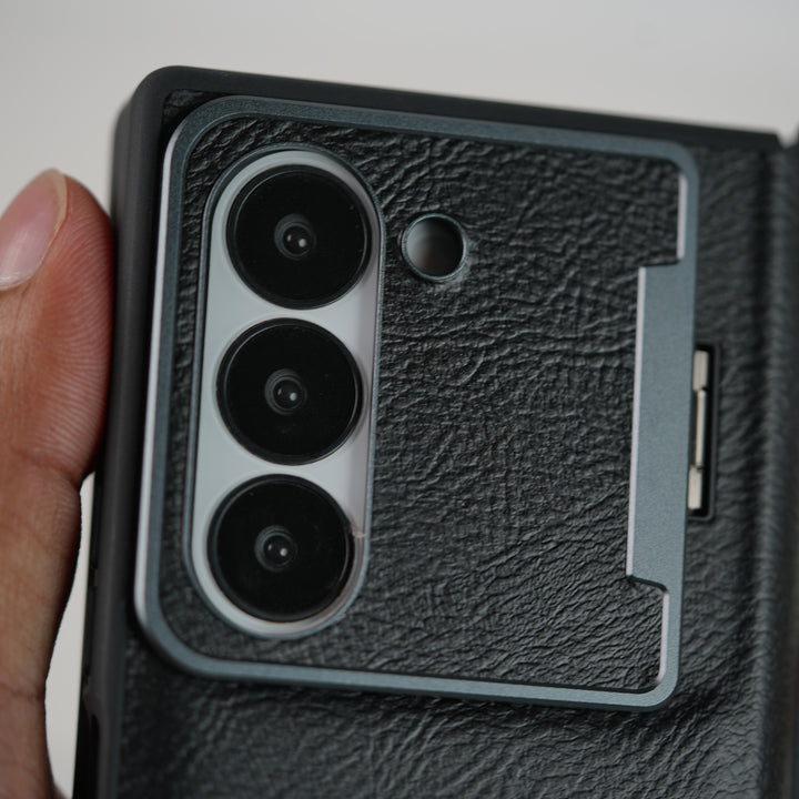 Samsung Galaxy Z Fold 6 Premium Leather Textured Flip Case with Metal Kick Stand Cover