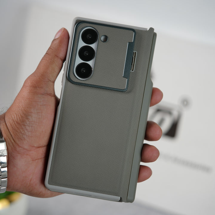 Samsung Galaxy Z Fold 6 Premium Leather Textured Flip Case with Metal Kick Stand Cover