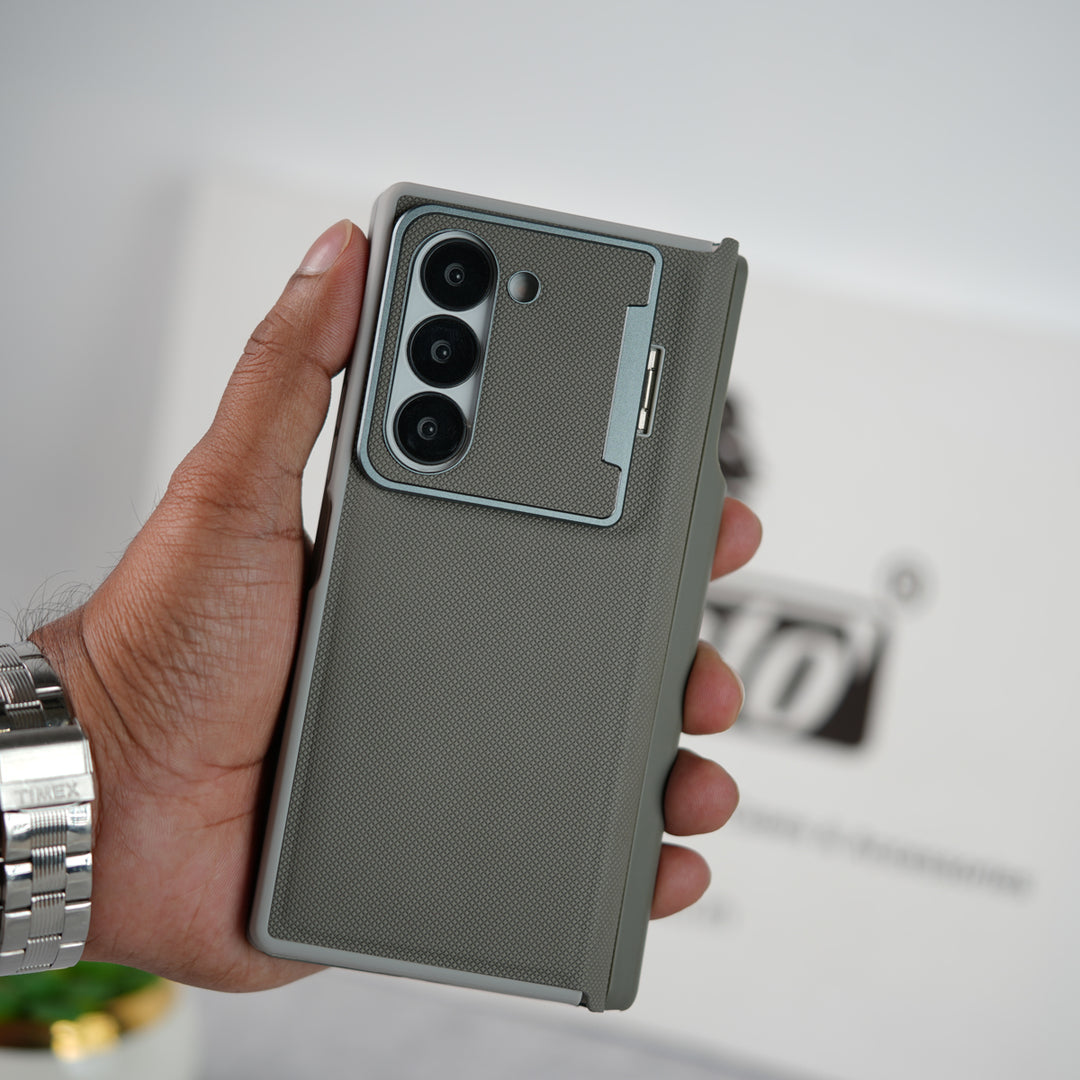 Samsung Galaxy Z Fold 6 Premium Leather Textured Flip Case with Metal Kick Stand Cover