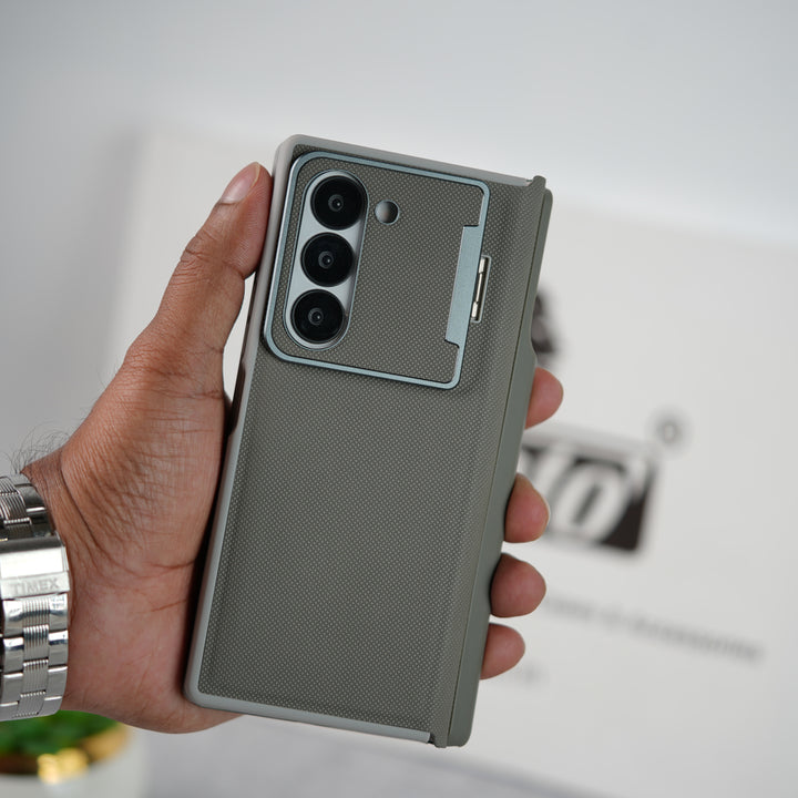 Samsung Galaxy Z Fold 6 Premium Leather Textured Flip Case with Metal Kick Stand Cover