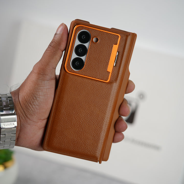 Samsung Galaxy Z Fold 6 Premium Leather Textured Flip Case with Metal Kick Stand Cover