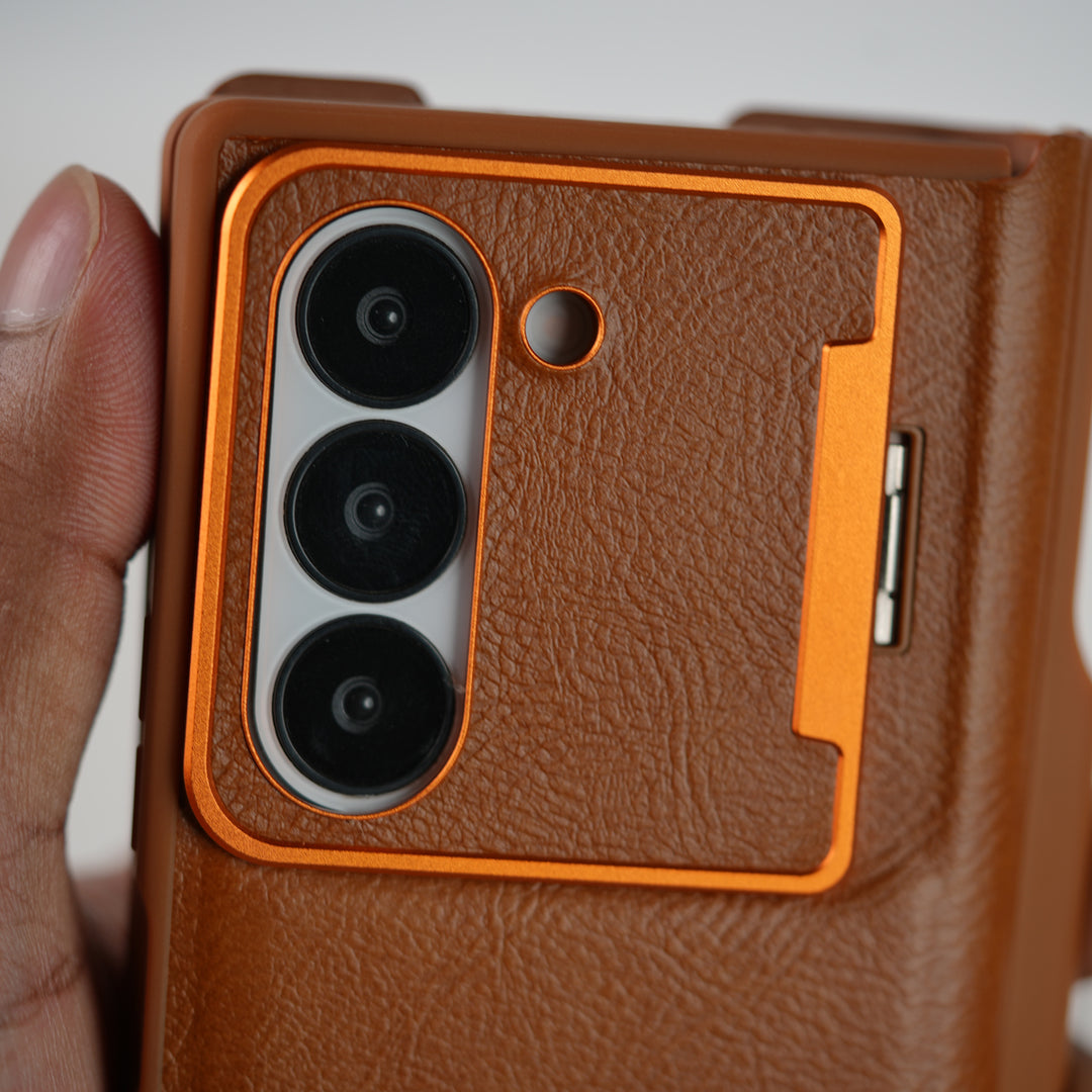 Samsung Galaxy Z Fold 6 Premium Leather Textured Flip Case with Metal Kick Stand Cover